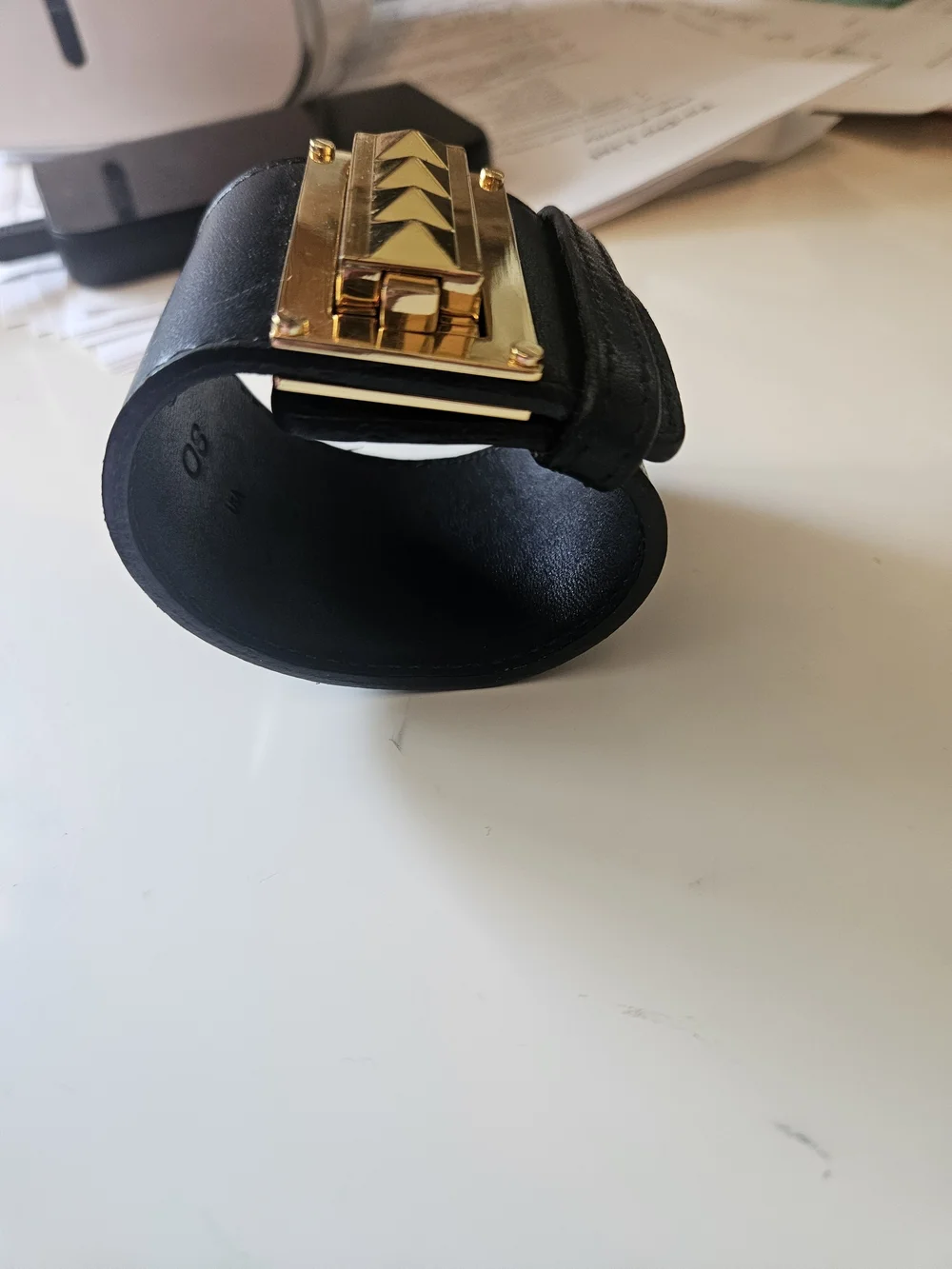 Tory Burch Black Leather Bracelet with Gold Logo Plate